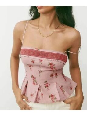 Reformation Meryl Linen Top in Te Time Pink Mauve.Floral Lace-Trim Pink Cami Top
